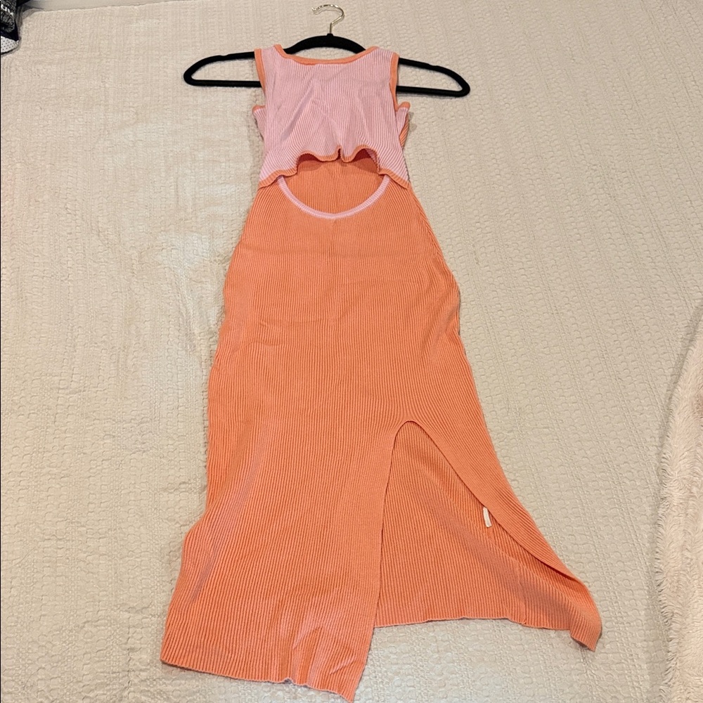 Orange and Pink Sleeveless Cutout Dress - ribbed